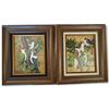Image 1 : Pair Gris Signed Mid-Century Oil Paintings on Tobacco Leaves, Tropical Birds Framed MCM Artworks Set