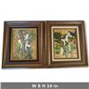 Image 2 : Pair Gris Signed Mid-Century Oil Paintings on Tobacco Leaves, Tropical Birds Framed MCM Artworks Set