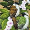 Image 6 : Pair Gris Signed Mid-Century Oil Paintings on Tobacco Leaves, Tropical Birds Framed MCM Artworks Set