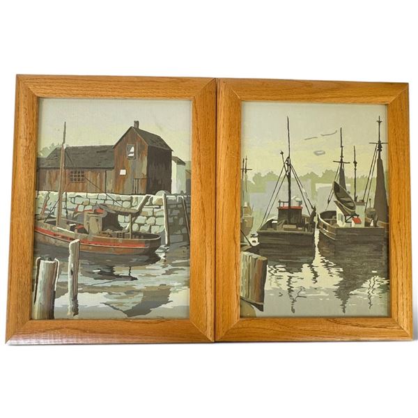 Pair Vintage Nautical Harbor Paintings, Fishing Boats & Waterfront Buildings, Framed, 12.5 x 16.5 In