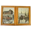 Image 1 : Pair Vintage Nautical Harbor Paintings, Fishing Boats & Waterfront Buildings, Framed, 12.5 x 16.5 In