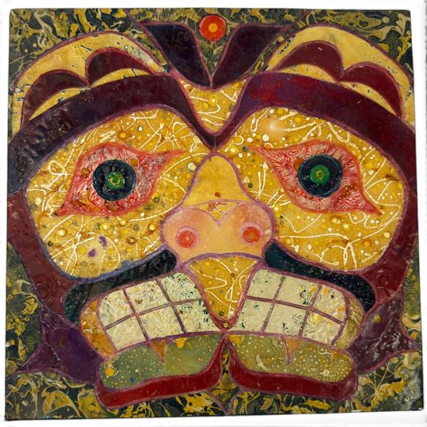 Northwest Coast First Nations-Inspired Mixed Media Mask Artwork, Stylized Creature Face, 12 x 12 In.