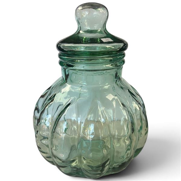 Large Green Glass Lidded Apothecary Jar, Ribbed Melon Form with Knobbed Stopper, 14 Inches Tall Vase