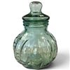 Image 1 : Large Green Glass Lidded Apothecary Jar, Ribbed Melon Form with Knobbed Stopper, 14 Inches Tall Vase