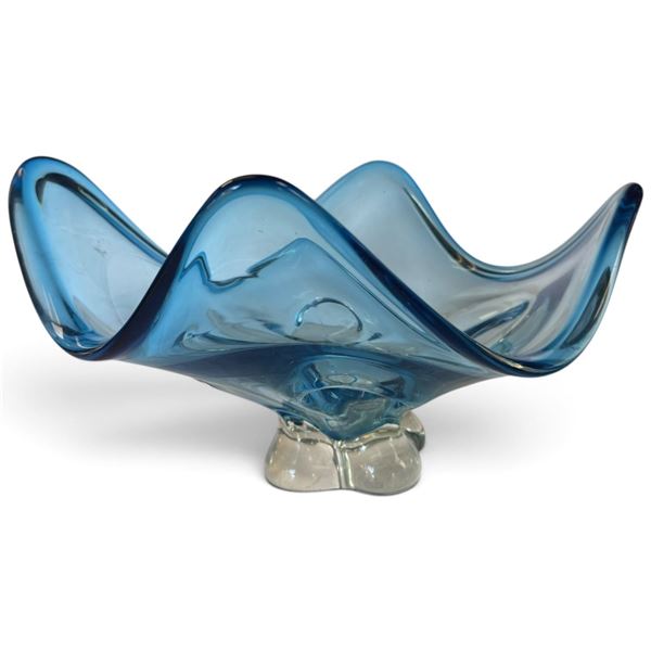 Vintage Blue Murano Style Art Glass Footed Bowl, Freeform Folded Rim & Clear Base, 12.5 x 11 x 7 In.