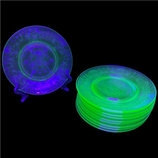 10 Uranium Glass Floral Dessert Plates, Depression Era Style, UV Reactive Green Glass, 6 Inches Each