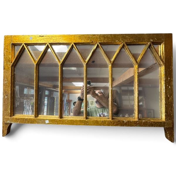 Large Gothic Revival Gilt Architectural Mirror, Arched Window Tracery Design, 40 x 25" Wall Mirror