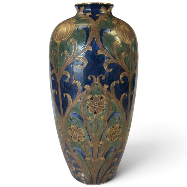 Art Nouveau Style Ceramic Vase, Cobalt Blue & Green Glaze with Gilt Floral Decoration 14 Inches Tall