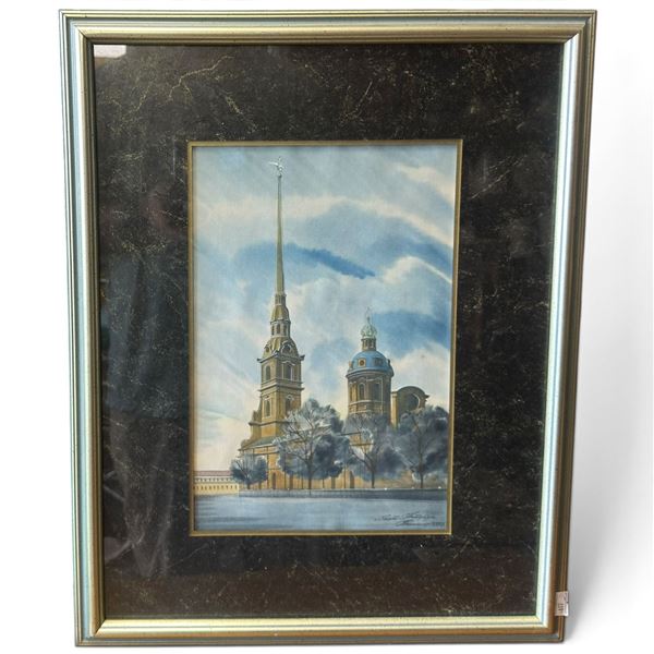 St. Petersburg Peter & Paul Cathedral Signed Russian Architectural Painting, 1993, Framed, 16 x 20.5