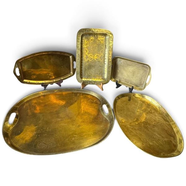 Set of 5 Brass Serving Trays w Engravings & Various Patterns