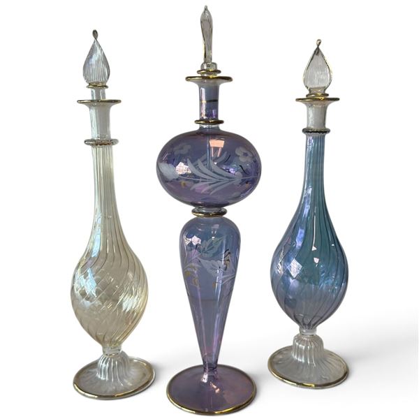 Set of 3 Art Glass Perfume Bottles with Stoppers, Gold Accents, Blue Purple & Clear, 13 In. Tall
