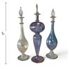 Image 2 : Set of 3 Art Glass Perfume Bottles with Stoppers, Gold Accents, Blue Purple & Clear, 13 In. Tall