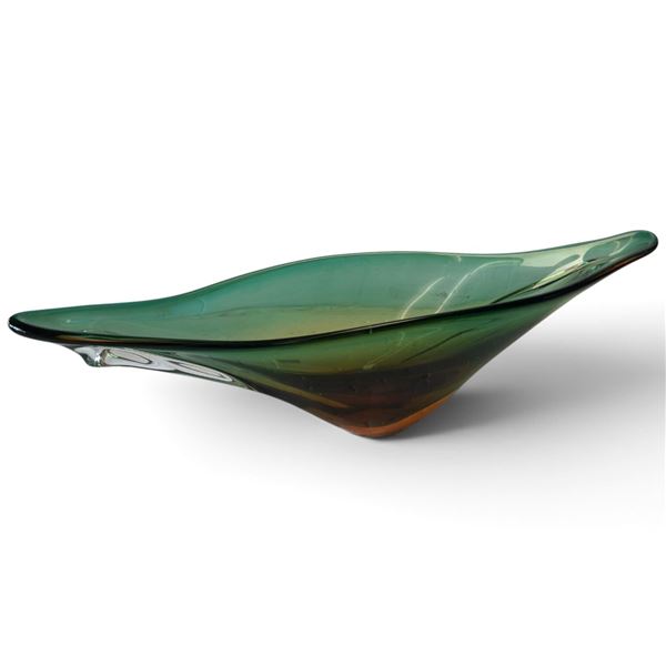 Murano Style Green and Amber Art Glass Centerpiece Bowl, Freeform Elongated Design, 18.5 Inches Long