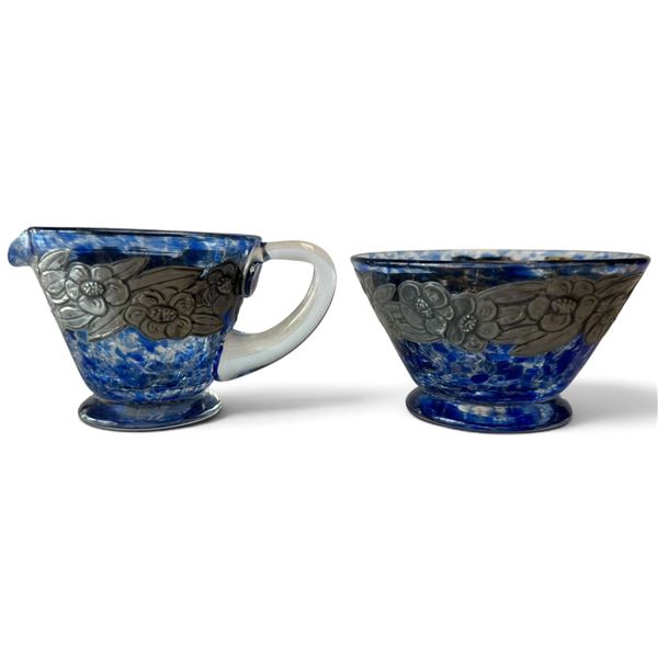 Rare Marjorie Stokes Signed Blue Art Glass Creamer & Sugar Bowl with Pewter Floral Overlay