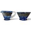 Image 1 : Rare Marjorie Stokes Signed Blue Art Glass Creamer & Sugar Bowl with Pewter Floral Overlay