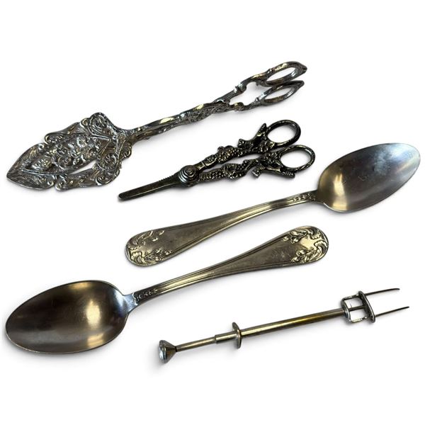 Five-Piece Silver-Plated Utensils with Cake Server, Shears & 84-Marked Spoons