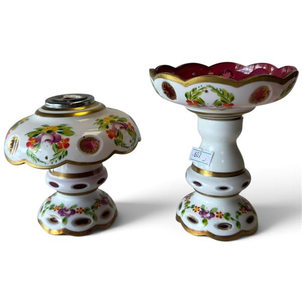 2 Vintage Moser White Cased Cranberry Glass Boudoir Lamps (5.25 in.)
