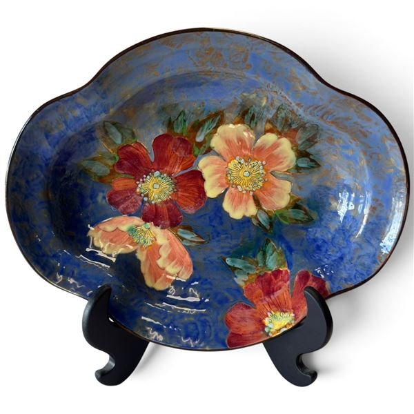 Royal Doulton Hand-Painted Wild Rose Mottled Blue Lobed Ceramic Bowl (11.5 in.)