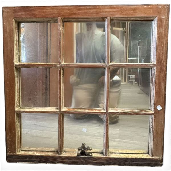 Vintage Wooden Nine-Light Window Sash Converted to Mirror - Metal Latch (L 28 x H 27.5 in.)