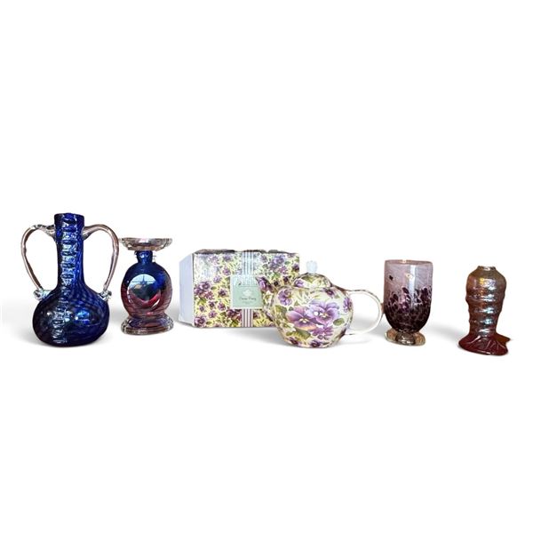 Fifth Avenue Crystal Bernini Saturn Candleholder, 3 Art Glass Vases & Pansy Teapot