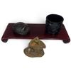 Image 2 : Mixed Pottery, Wood, Ceramic & Resin Decorative Group with Vase, Owl & Scarab (7 in.)
