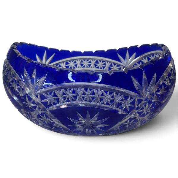 Bohemian Cobalt Blue Cut-to-Clear Crystal Centerpiece Bowl with Starburst Pattern - 8" x 10.5" x 6"