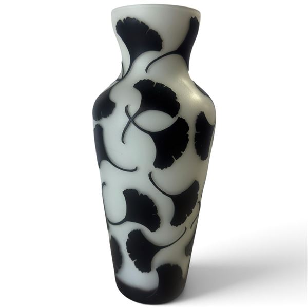Gallé-Style Black & Frosted White Cameo Glass Ginkgo Leaf Vase (10 in.)