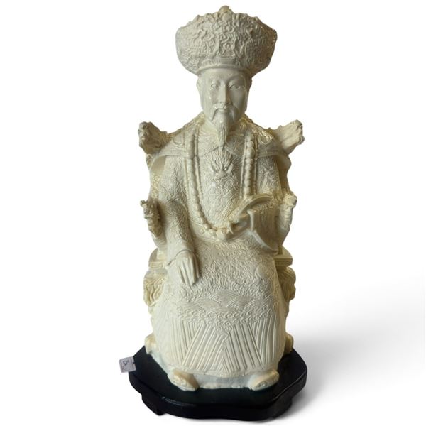 Chinese-Style Ivory-Tone Carved Seated Emperor Figure on Wood Base (12 in.)