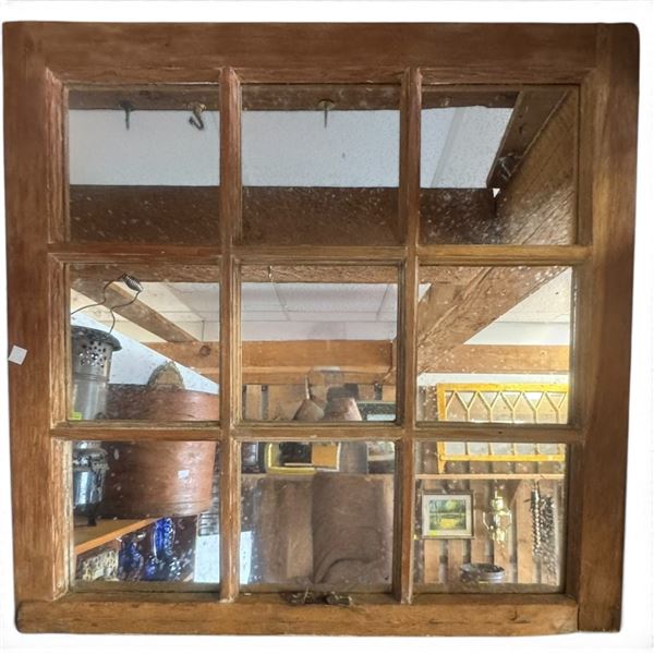 Rustic Nine-Pane Wood Window-Frame Wall Mirror, Brown Finish (28 x 27.5 in.)
