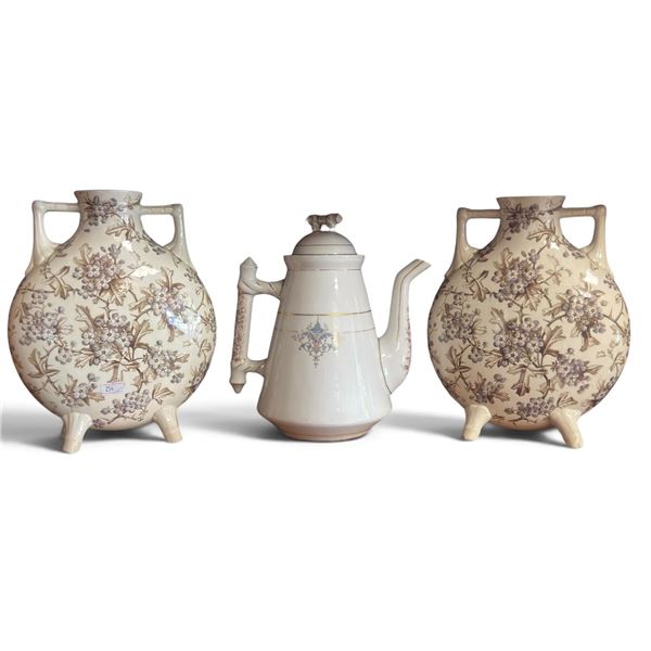 Three-Piece Floral Glazed Ceramic Vase & Coffee Pot Group (Tallest 9.75 in.)