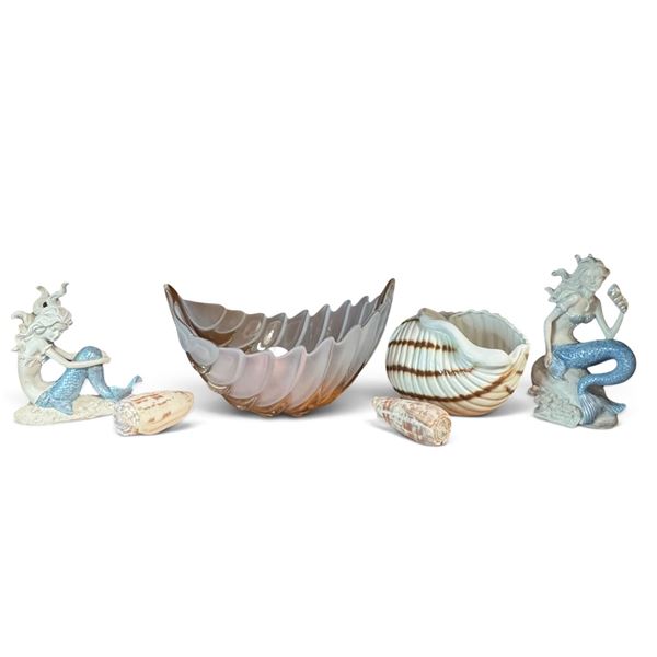 Coastal Decor Group with Mermaid Figures, Shell Bowls & Art Glass Centerpiece (8 in.)