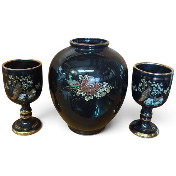 Kinoys Rhodes Black Ceramic Vase & 2 Goblets with 24K Gold Detail (6.5 in.)