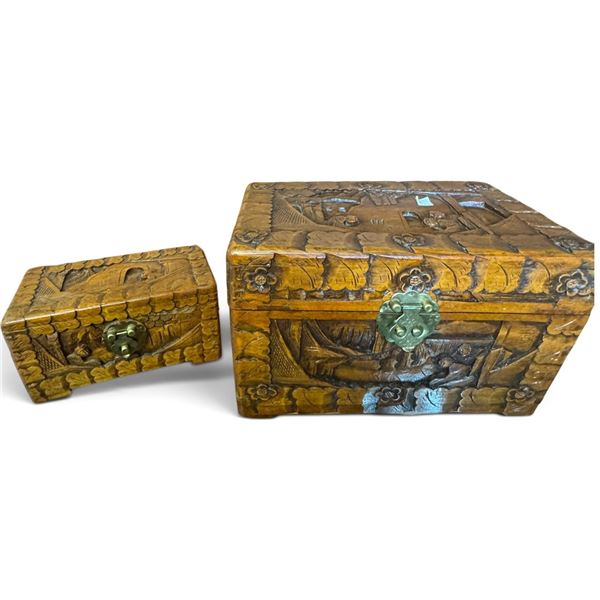 Pair of Hand-Carved Wood Boxes with Village Scenes & Brass Clasps (12 x 7.5 x 7 in.)