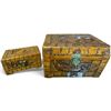 Image 1 : Pair of Hand-Carved Wood Boxes with Village Scenes & Brass Clasps (12 x 7.5 x 7 in.)