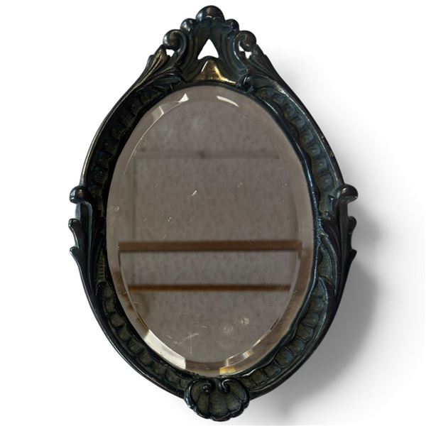 Early 20th Century Ornate Cast Bronze Oval Beveled Wall Mirror (7.5 x 10.5 in.)