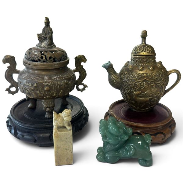 Asian-Style Bronze-Tone Censer, Bird Teapot, Green Lion & Stone Seal (5.5 in.)