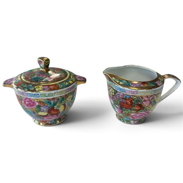 Chinese Porcelain Floral & Fruit Lidded Sugar Bowl & Creamer Set, Made in China