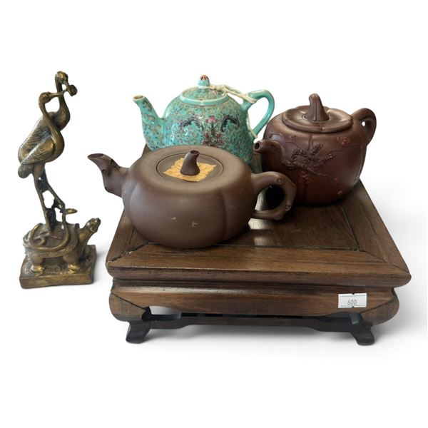 Two Yixing Teapots, Chinese Porcelain Teapot & Bronze-Tone Bird & Turtle Figure (8.25 in.)
