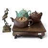 Image 1 : Two Yixing Teapots, Chinese Porcelain Teapot & Bronze-Tone Bird & Turtle Figure (8.25 in.)