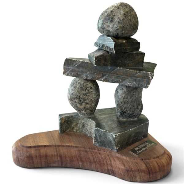 Gerry Brohman "Inukshuk" Soapstone Figure Sculpture on Shaped Wood Base (8 in.)