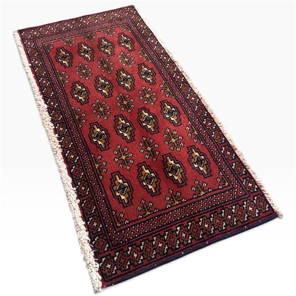 Torkaman 21 Red Hand-Knotted Wool Rug with Geometric Design 42 x 90 cm