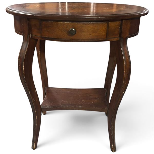 Oval Wood Side Table with Geometric Veneer, Drawer & Shelf (24.5 x 18 x 26 in.)