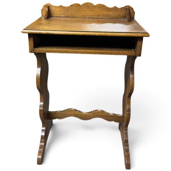 Scalloped Oak Console Table with Open Shelf & Gallery (L 22 x H 30 x D 14 in.)