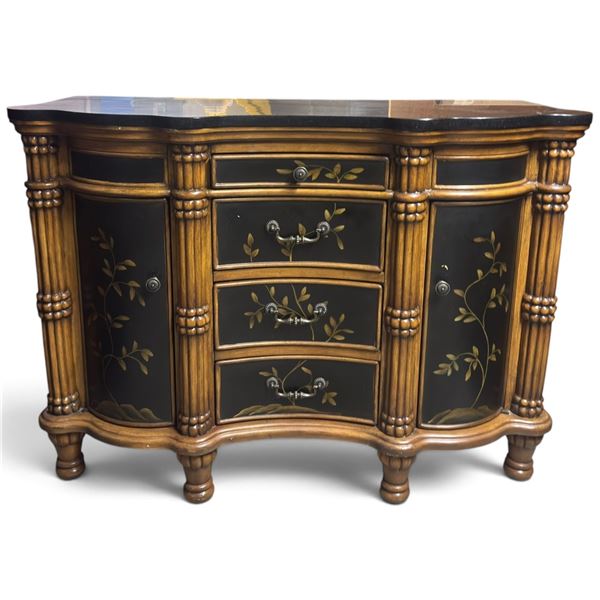 Floral-Decorated Serpentine Cabinet with Black Marble Top (50.5 x 20.5 x 36.5 in.)