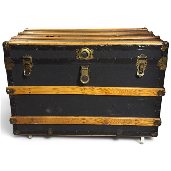 Black Canvas-Wrapped Steamer Trunk on Castors with Fitted Interior (34.5 x 20 x 24.5 in.)