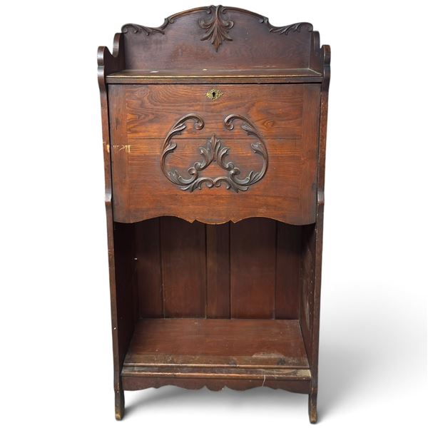 Carved Oak Fall-Front Secretary Desk with Pigeonholes (25.75 X 17 X 51.5 in.)