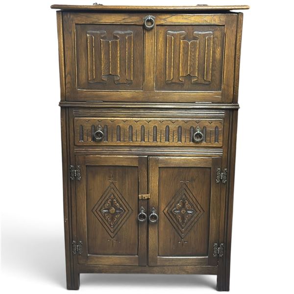 Jacobean Revival Carved Wood Cocktail Cabinet, Mirrored Interior (L 29.5 x H 48.75 x D 17 in.)