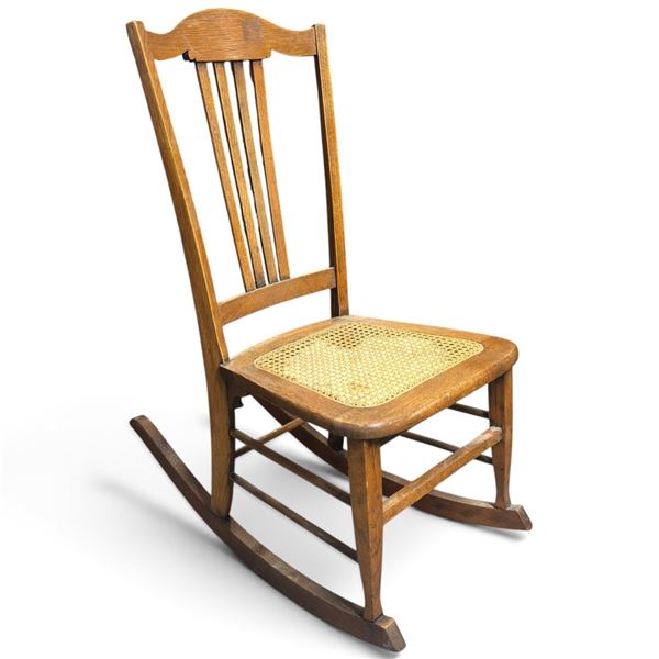 Traditional Wood Slat-Back Rocking Chair with Woven Cane Seat (35.5 in.)