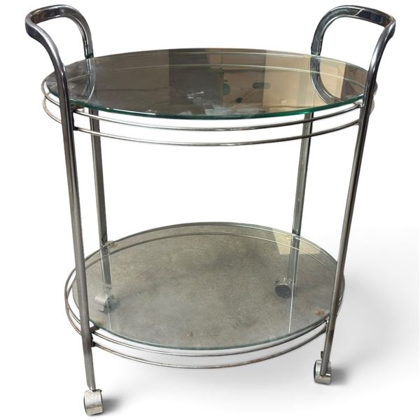 Modernist Chrome-Tone Two-Tier Oval Glass Bar Cart on Casters (25.5 X 30 X 18.5 in.)