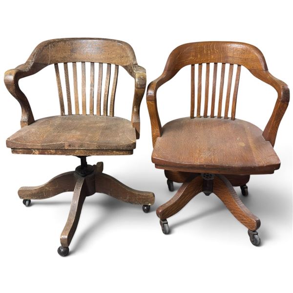 Two Oak Swivel Office Armchairs, One Brooks-Corning Labeled, Vancouver B.C.